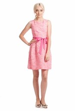 NWT $328 Trina Turk Aime Dress Belted Jacquard Coral pink Boatneck flare dress 6