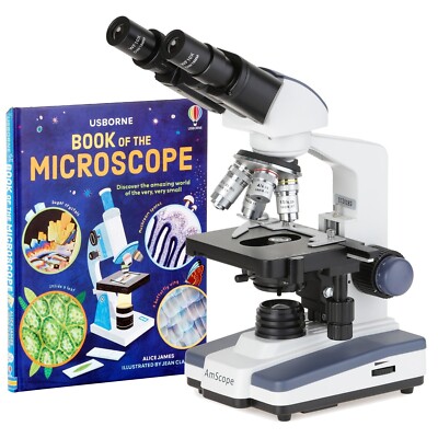 AmScope 40X-2500X LED Binocular Compound Microscope w/3D-Stage +  48 page Book