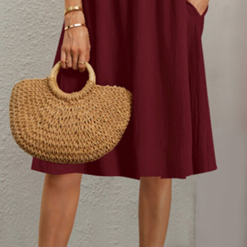 Women Cotton Linen Short Sleeve Round Neck Sundress Solid Summer Shirt Dress US - Picture 34 of 55