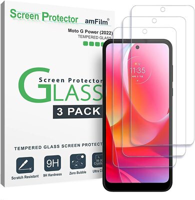 (3 Pack) amFilm Moto G Power 2022 Tempered Glass Screen Protector 