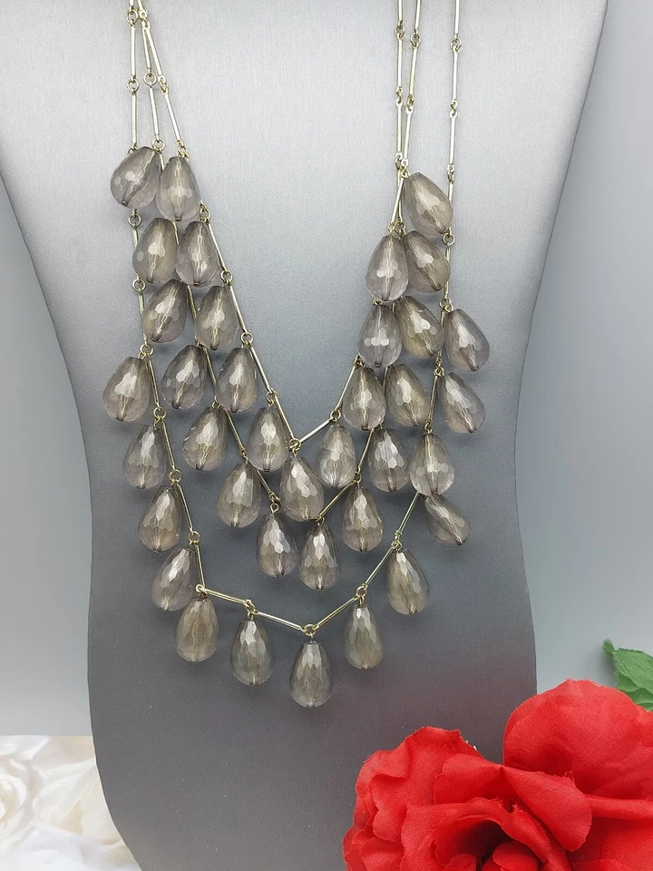 Beautiful Signed Chico's  Necklace Triple Strand Teardrop Pendants Smoky Gray - Image 2 of 4