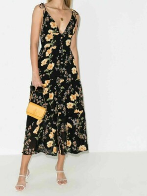 〓REFORMATION〓BLACK FLORAL georgette pant Zimmermann - Illustration Black Rococo Floral Tuck Pant