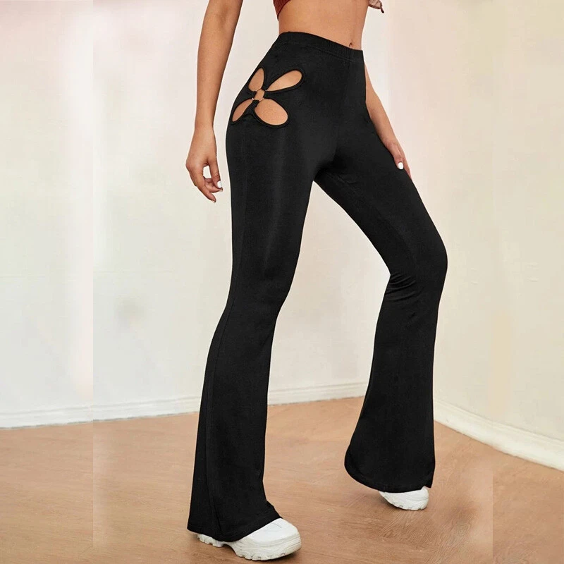 Women's Cut Out High Waist Flare Pants Hollow Out Bootcut Wide Leg