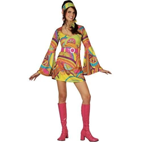 Go Girl Costume Ladies 60s 70s Fancy Dress Outfit Disco Retro