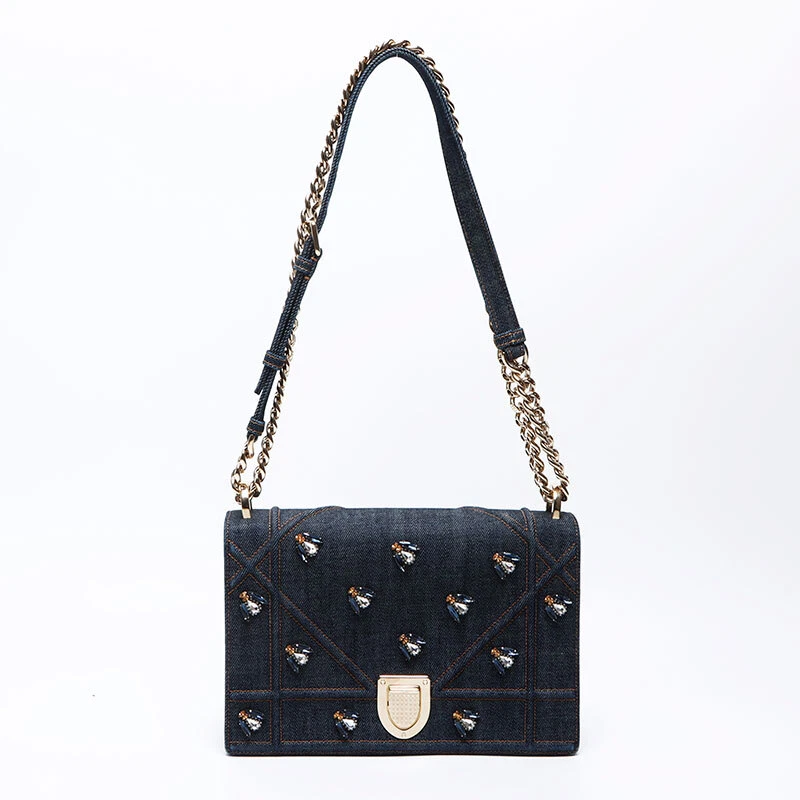 Sac bandoulière Christian Dior Diorama 2016 denim perles cristal bleu marine WS12380