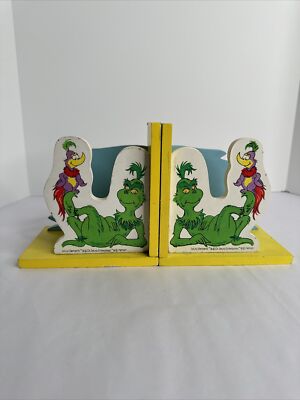 Vintage Dr Seuss Elements GRINCH Wooden Bookends