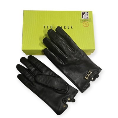  Ted Baker London Black Leather Bow Gloves Size M/L  with Gift Box Ovine Leather
