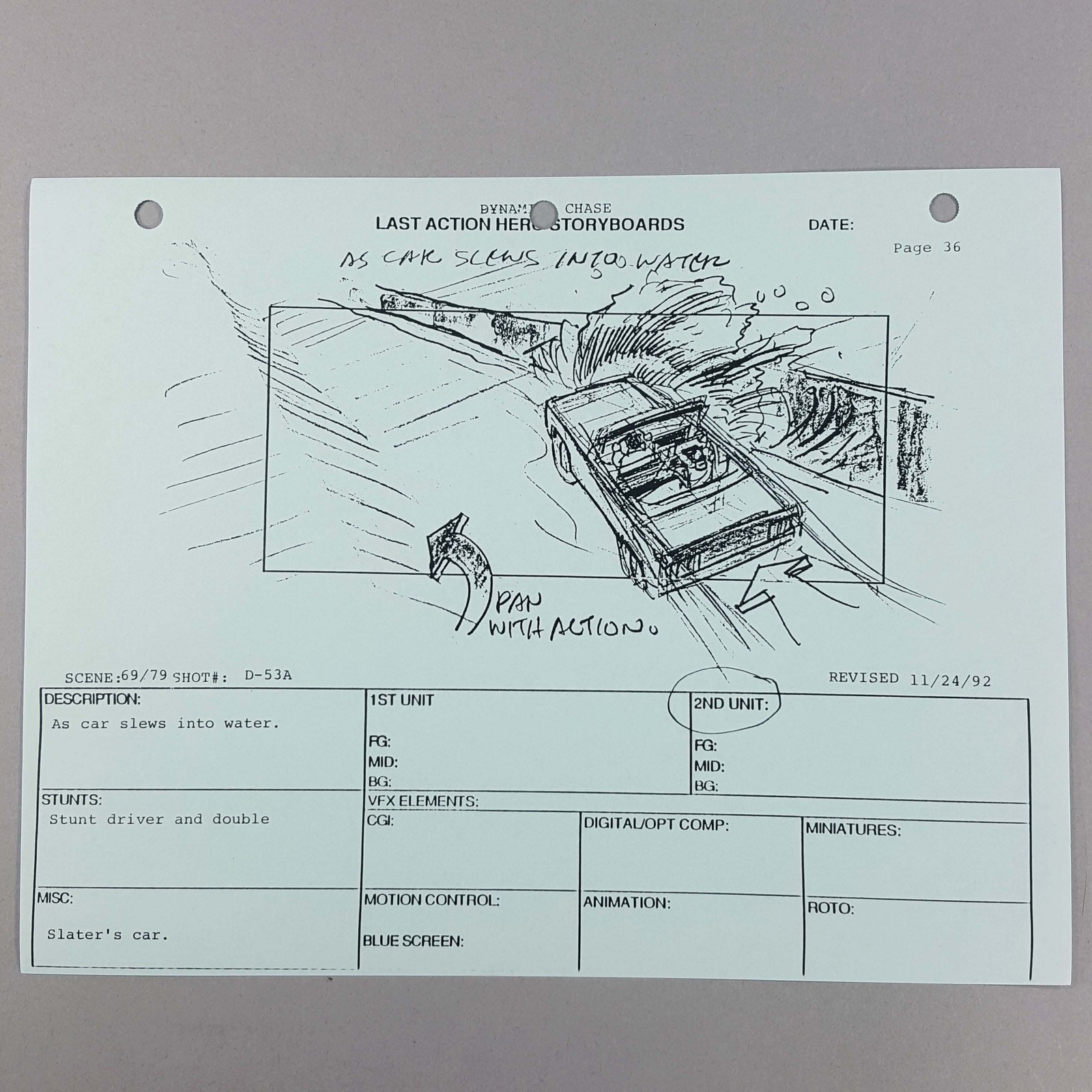 Last Action Hero Storyboard Slater's Car Slews Into Water Original Movie Prop