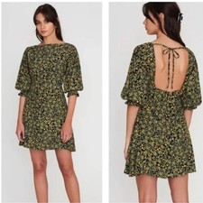 FAITHFULL THE BRAND Fontane Mini Dress Black Yellow Floral Print Sz 6 NWOT
