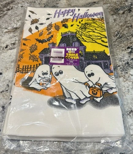 Vintage NOS C.A. Reed Paper Halloween Table Cover 52" x 96" Ghost, Haunted House