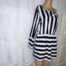 Black White Striped Short A-Line Dress Ruffle Sleeve Round Neck Long Size L