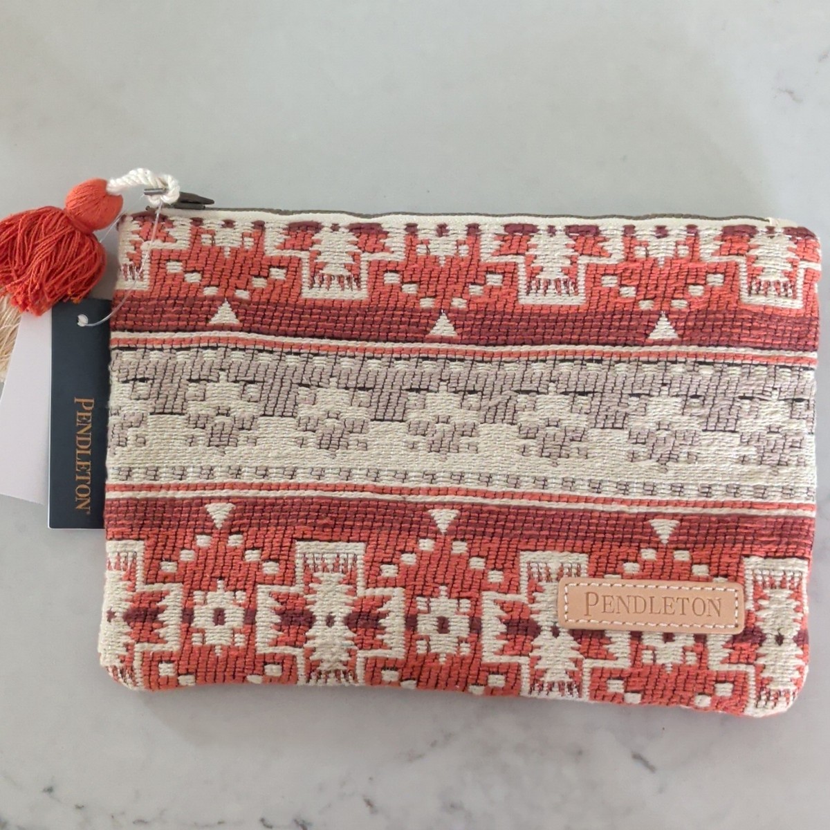 Pendleton Women's Zip Pouch Tassel Geometric Aztec Pattern Red Ivory Gray