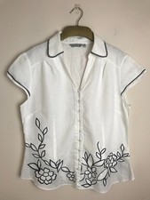 White Linen Short Sleeve Embroidered Blouse Top size 14 M&S Per Una