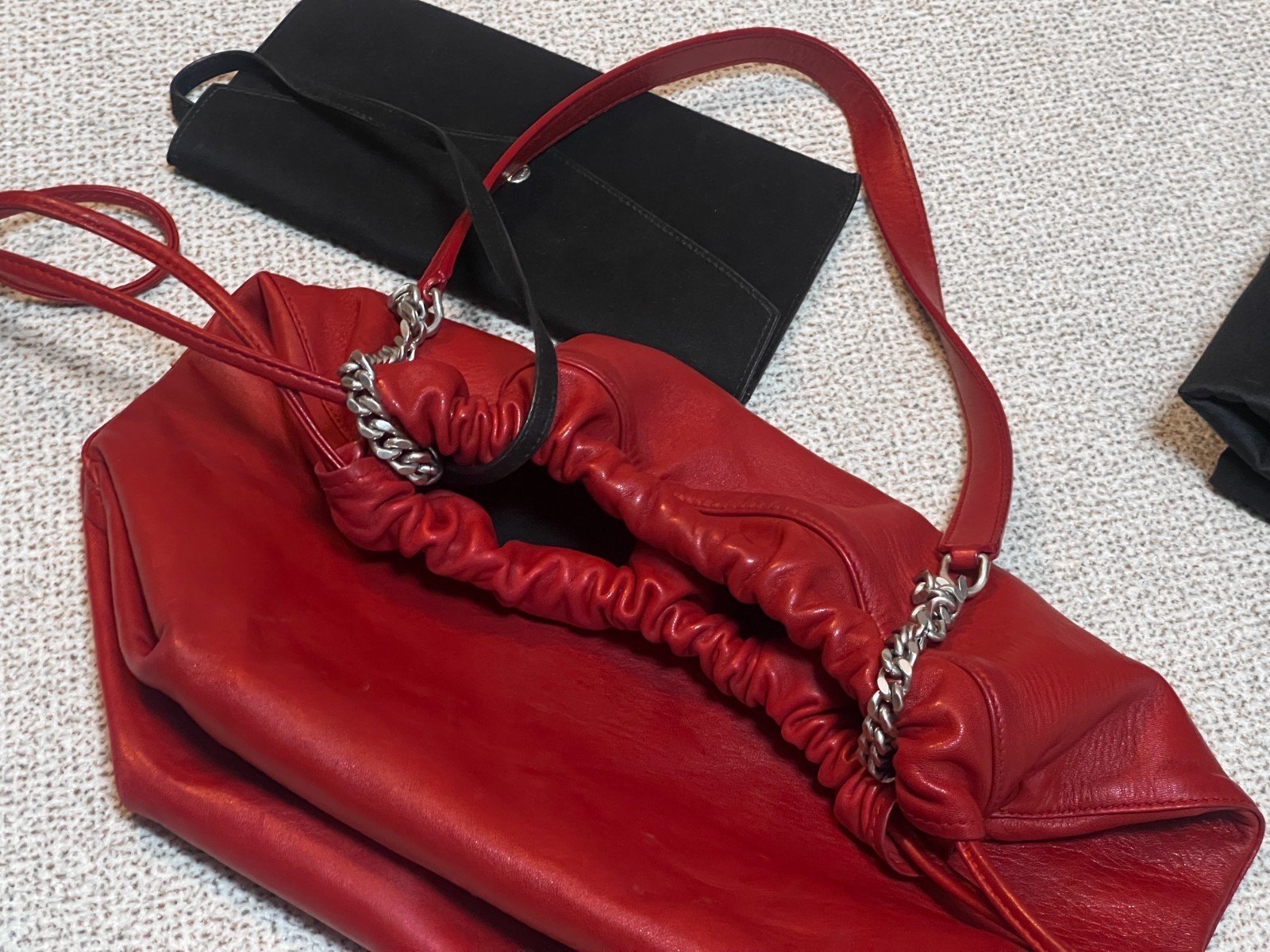 [Autentico] YSL Saint Laurent Rosso Teddy Pelle Secchiello Borsa Medio Coulisse Rosso