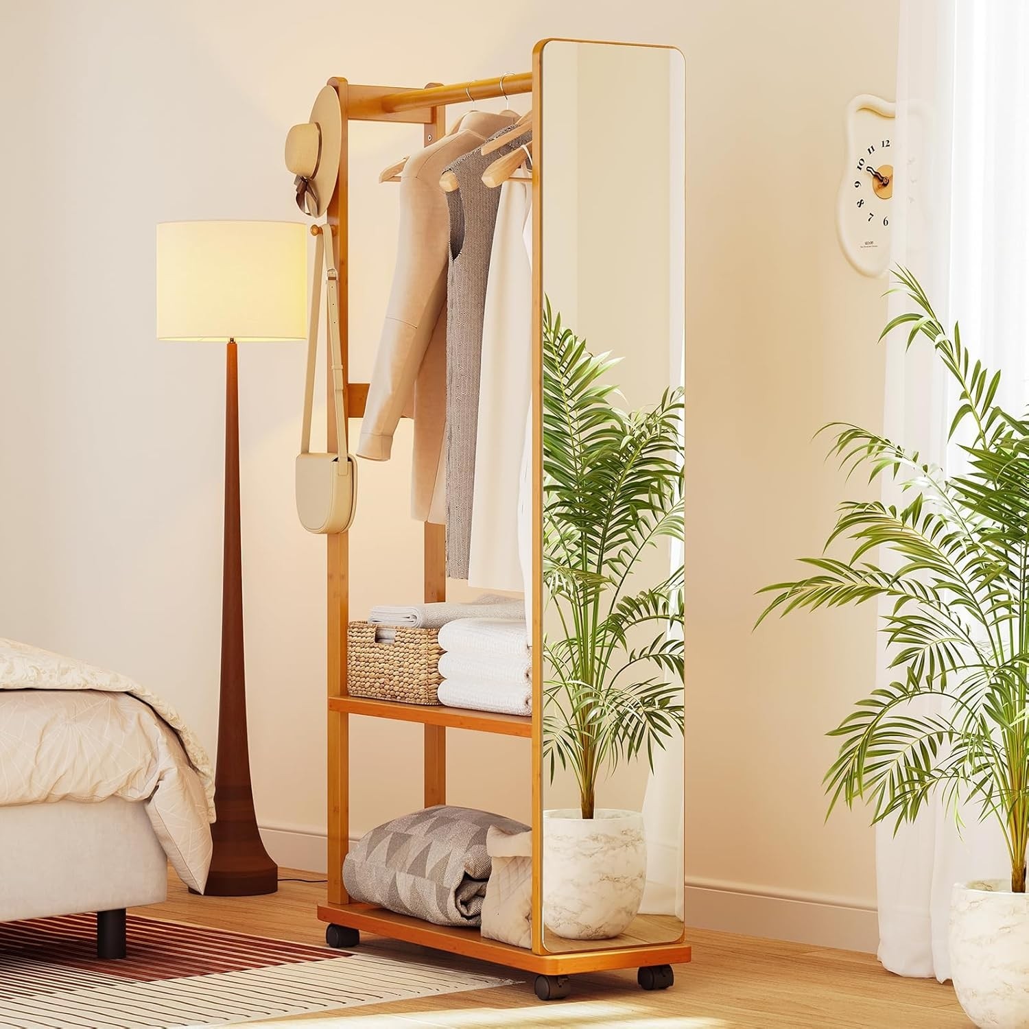 Bamboo Garment Rack With Full-Length Mirror and Storage Hooks-image