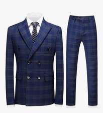 Mens Plaid 3 Piece Suits Slim Fit Double Breasted Jacket Vest Pants Set