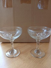 2x Clear Glass Champagne Coupe Saucers, Etched Royal Navy Crown, Vintage