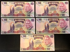 (5)x 1986-1988 Zambia 50 Kwacha Banknotes Currency Lot UNC!