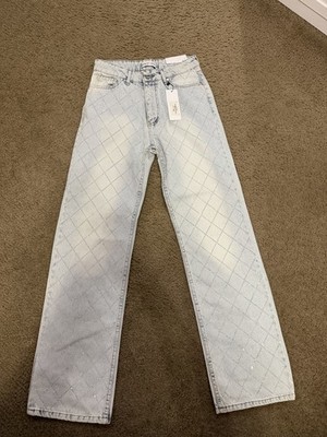 Women s Straight Quilted Light Wash Jeans with rhinestones