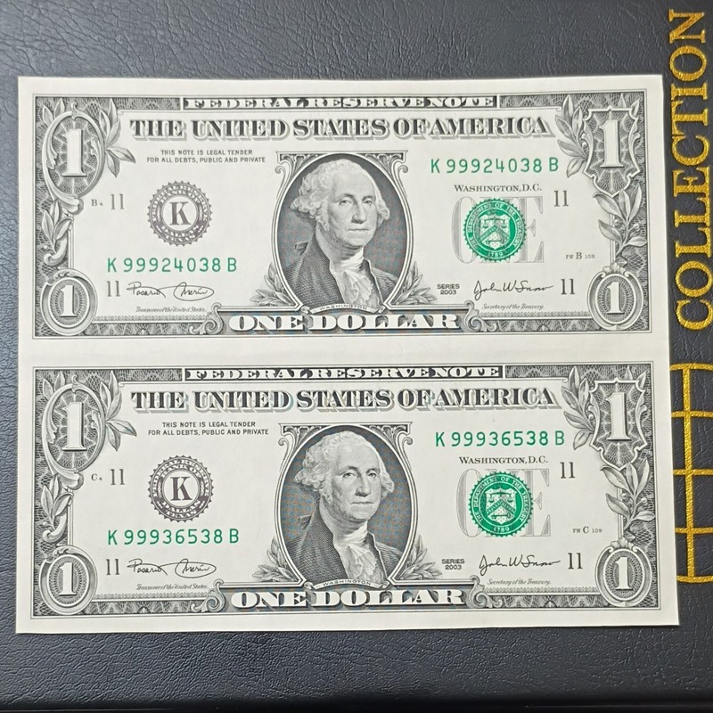 2003 UNCUT SHEET of 2 $1 Federal Reserve Notes Uncirculated AND CRISPY.