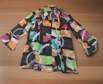 Ali Miles Multi-Colored Button-Up Shirt Blouse Large Wire Collar Art Abstract