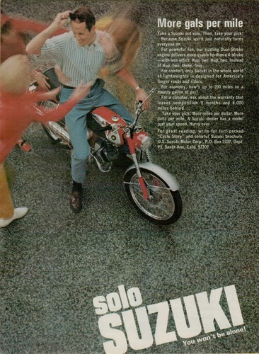 1966 Suzuki Spirit Red Motorcycle 200 mpg Girls Photo Original Color Print Ad