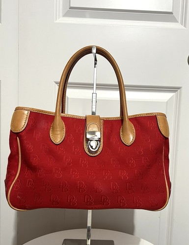 Dooney & Bourke Red Signature Monogram Tan Leather Buckle Closure Handbag