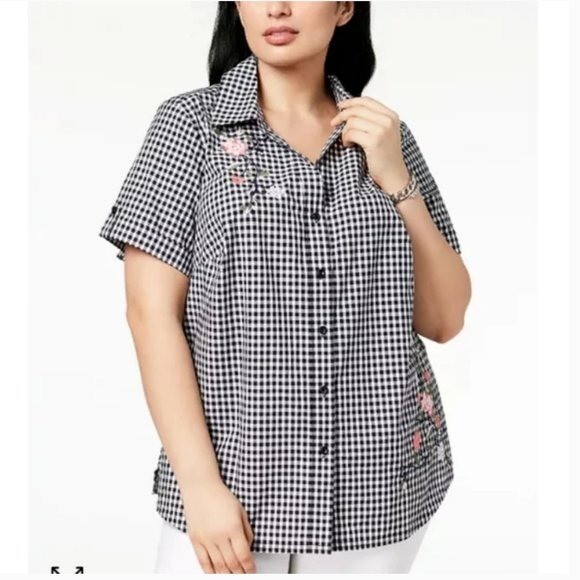 Karen Scott Gingham Button Down Top Embroidered F… - image 2