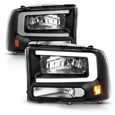 Black Headlights 99-04 Ford F250 F350 Super Duty Excursion Upgrade Dual C DRL