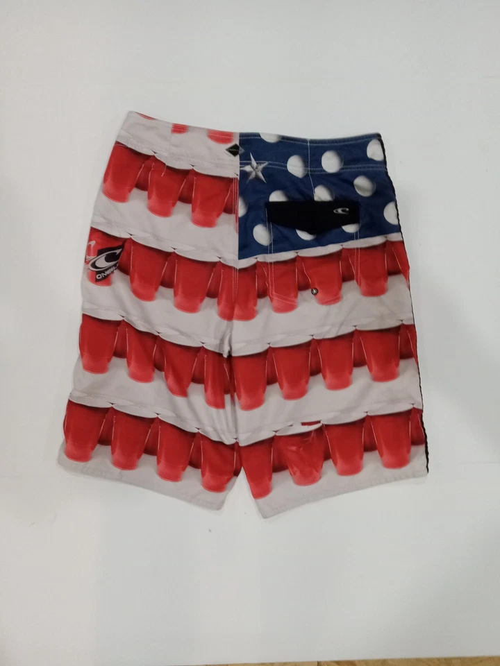 O'Neill Board Shorts Mens 32 Red White Blue Beer Pong Flag Beach Swim Trunk Lake - Image 4 of 4