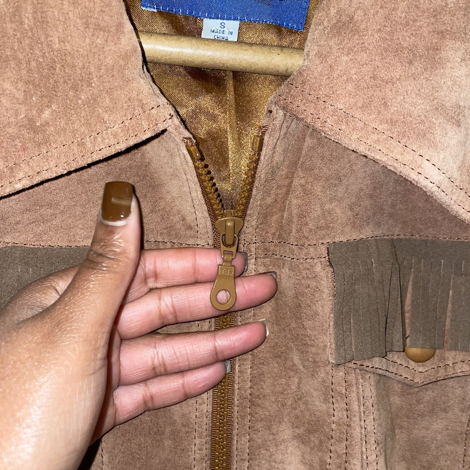 VTG Express Brown Leather Fringe Western Boho Zip Collar Jacket. Size Small image 3
