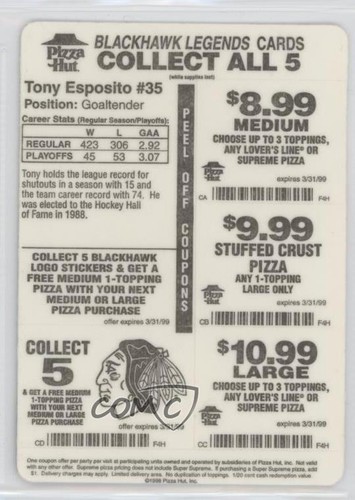 1998 Pizza Hut Chicago BlackHawks Legends Tony Esposito HOF - Picture 2 of 3