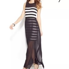 Vince Camuto Striped Chiffon Overlay Maxi Dress Sz-XL Black Ivory Sheath