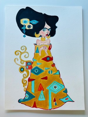 Original Art Illustration Frida Klimt dress 11 x 14 mixed media