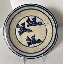 Studio Pottery 10.5 " x 1.6" Deep Plate W/ 3 Flying Birds, Beige & Cobalt Blue