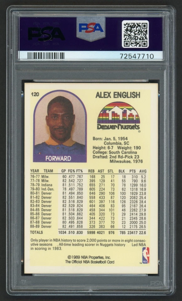 1989 HOOPS ALEX ENGLISH #120 DENVER NUGGETS HOF PSA 8 NEAR MINT-MINT - Image 2 of 2