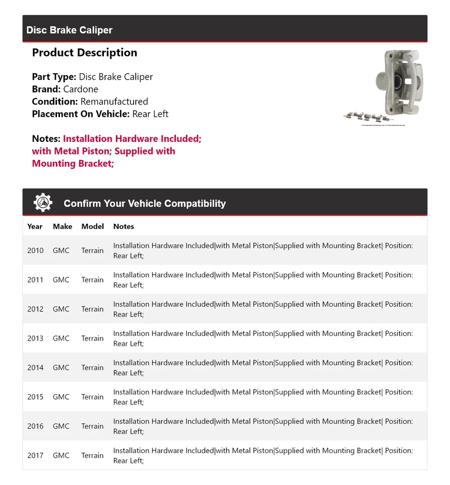 Pinza de freno de disco trasera izquierda Cardone 2011 2012 2013 GMC Terrain 2010-2017 Foto 2 de 4