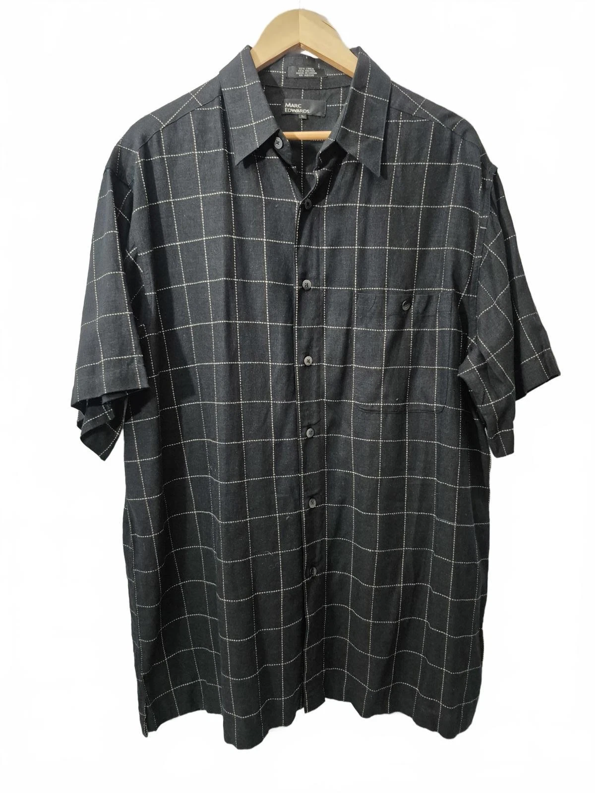 Marc Edwards Mens Linen Rayon Blend Button Front Shirt Black White Window Pane