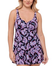 Swim Solutions Women s Paisley Print Tummy Control Swim Dress Size 18