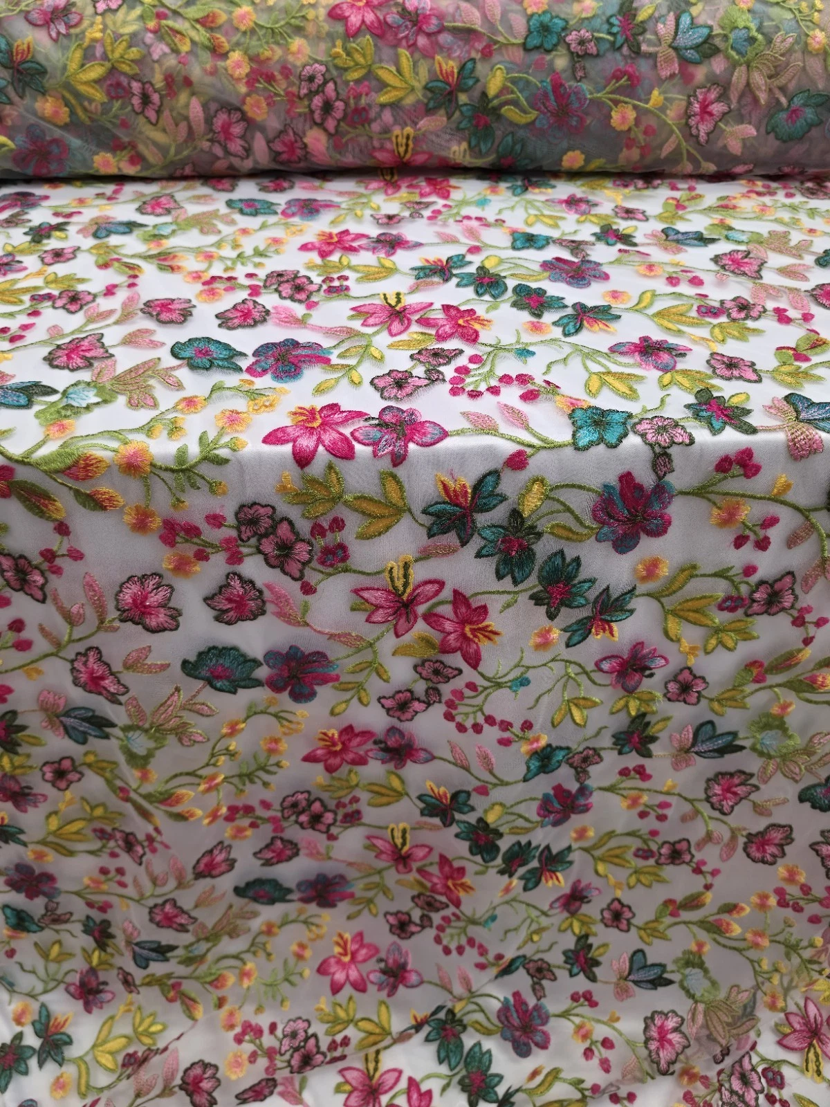 Fabric By The Yard Multicolor Lace Pink Fuchsia Embroidery Flowers On White Mesh - product detail image 7