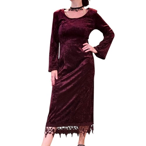 90s Burgundy Crushed Velvet Longsleeve Midi Dress Gothic Sz 6 Crochet Lace - Picture 2 of 9