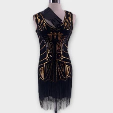 Roaring 20s Gatsby Flapper Costume Party Dress Black & Gold Sequins Adult Medium