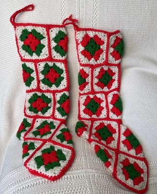 2 Vtg Handmade Granny Square Crochet Christmas Stockings Green Red White 19 