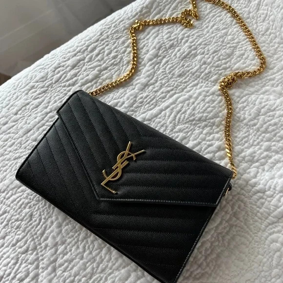YSL Yves Saint Laurent Black Crossbody Bag with Gold Accents  