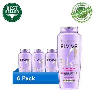 L'Oreal Paris Elvive Hyaluron Plump Hydrating Shampoo, Squeeze, 13.5 fl oz, 6PK