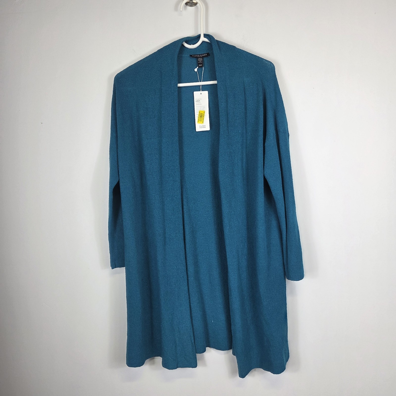 Eileen Fisher Blue Green Teal Linen Open Front Cardigan Sweater Petite Small