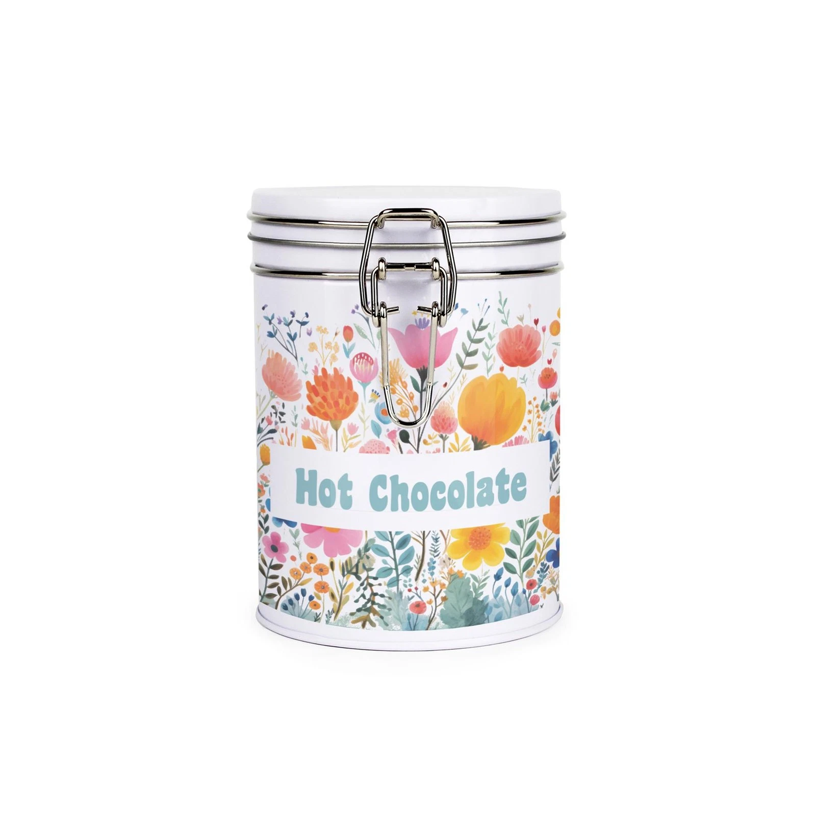 Bright Floral Hot Chocolate Canister - Metal Clip Lid Kitchen Storage Tin Gift