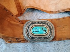 Leather Buckskin Southwest Boho Wide Statement Belt Faux Leather Turquoise