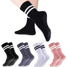 4 Pairs Pilates Grippy Socks for Women Long Non Slip Yoga Crew Socks Barre