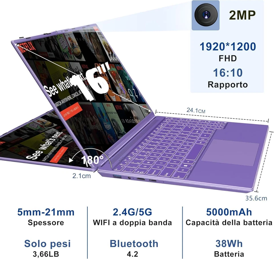 PC Portatile 16 Pollici Computer Portatile Win11 12+512GB SSD Espansione 1TB N50 - Immagine 4 di 4